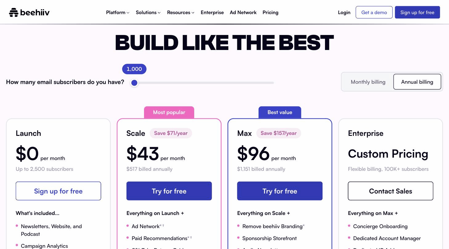 Beehiiv pricing page screenshot