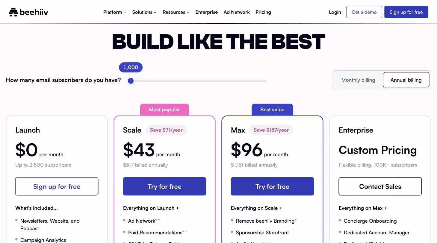 Beehiiv pricing page screenshot