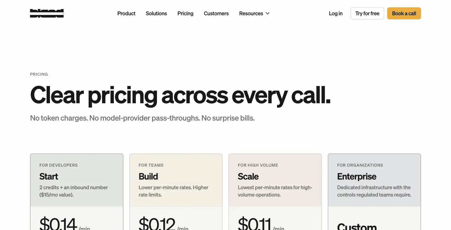 Bland AI pricing page screenshot