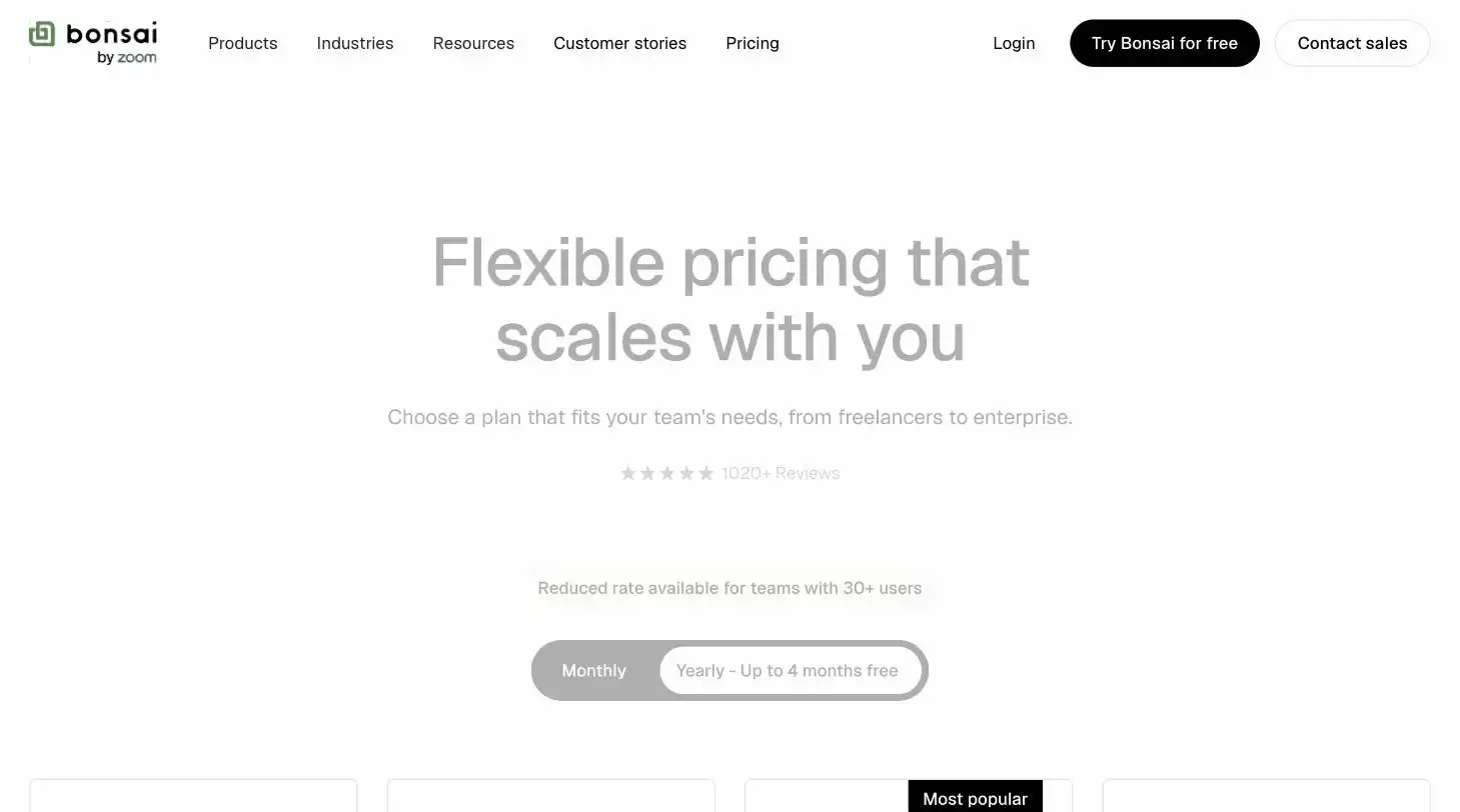 Bonsai pricing page screenshot