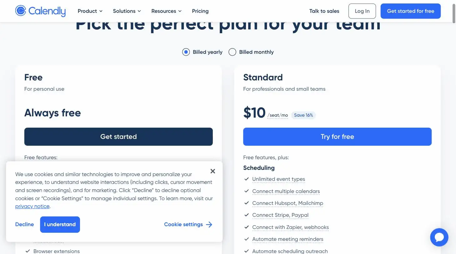 Calendly pricing page screenshot