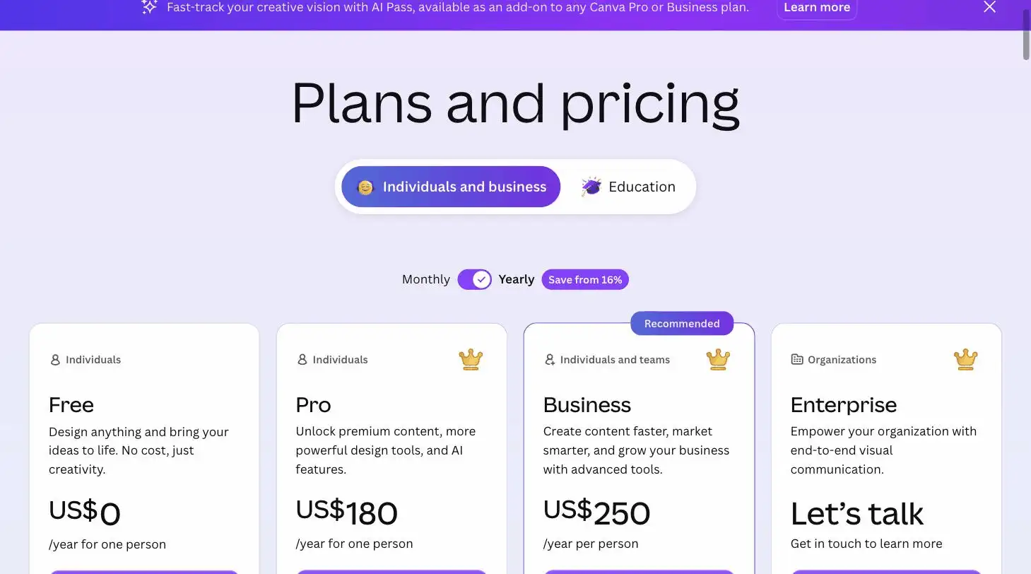 Canva pricing page screenshot