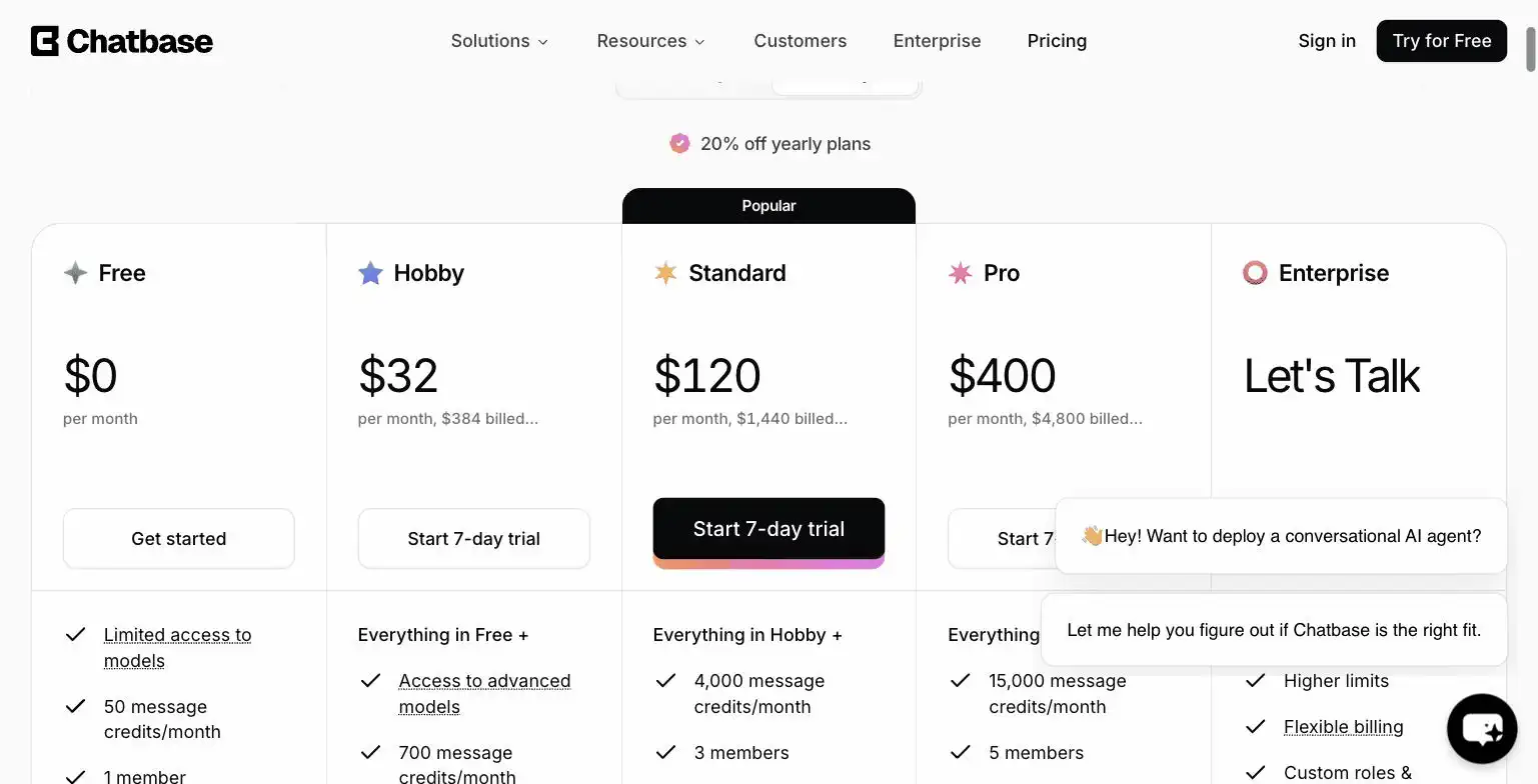 Chatbase pricing page screenshot