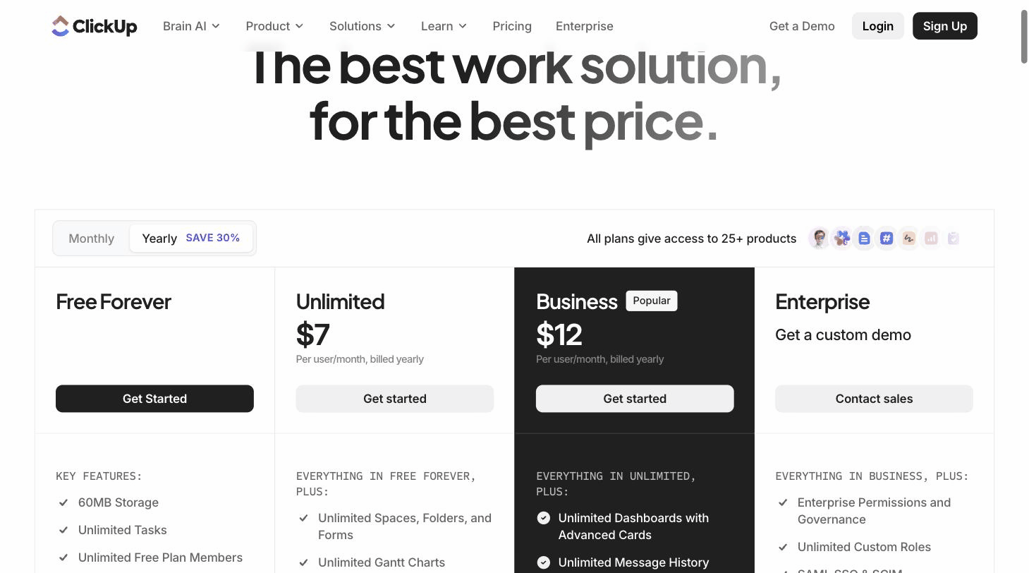 ClickUp pricing page screenshot