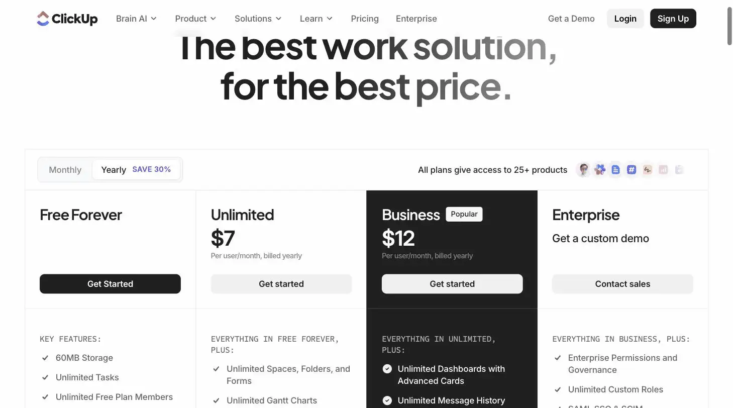 ClickUp pricing page screenshot
