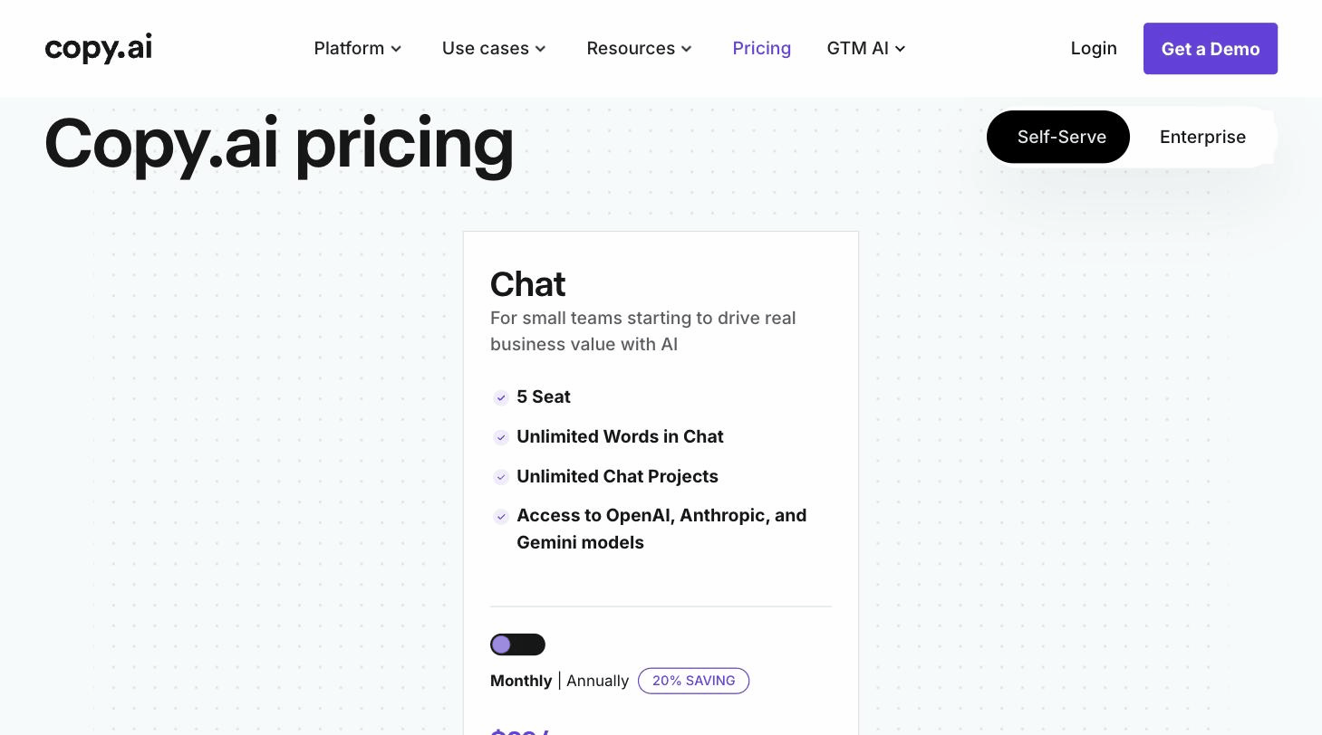 Copy.ai pricing page screenshot