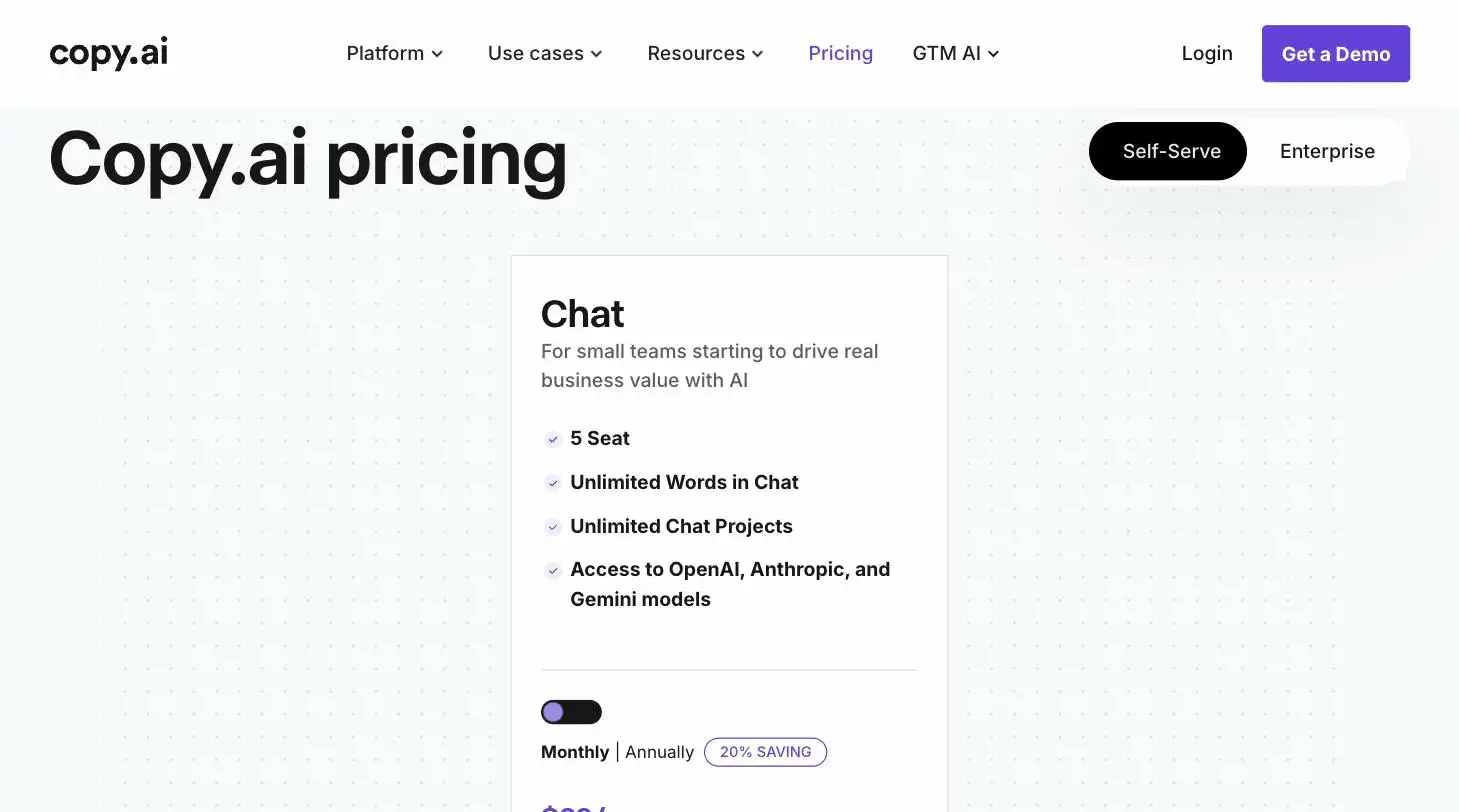 Copy.ai pricing page screenshot