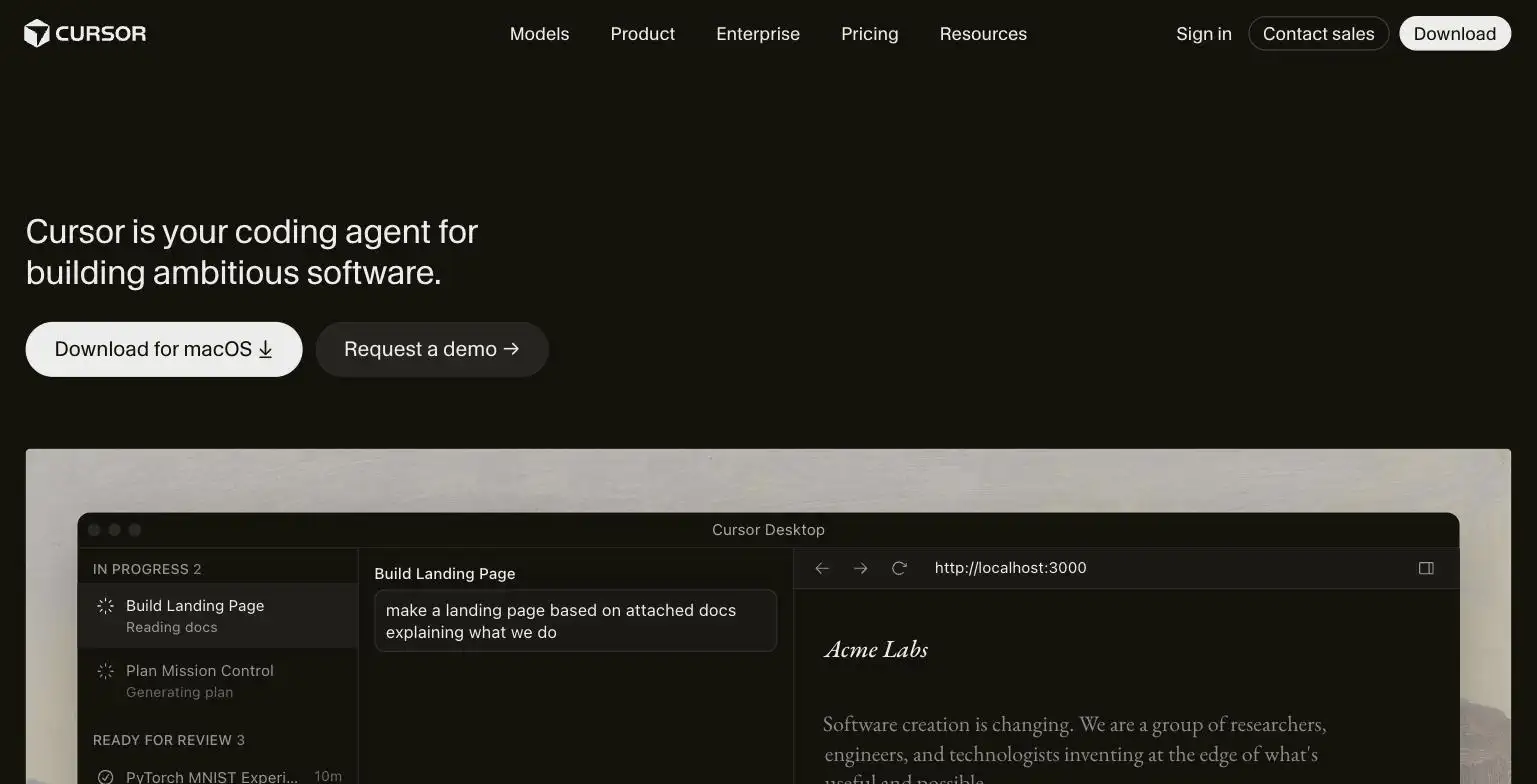 Cursor's AI-native code editor interface, from cursor.com