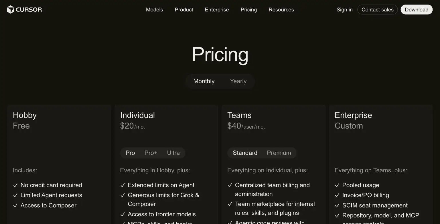 Cursor pricing page screenshot
