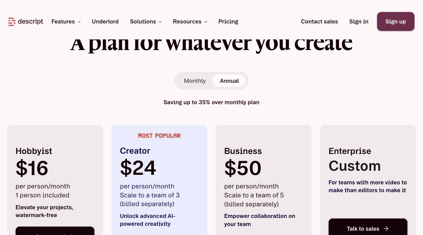 Descript pricing page screenshot