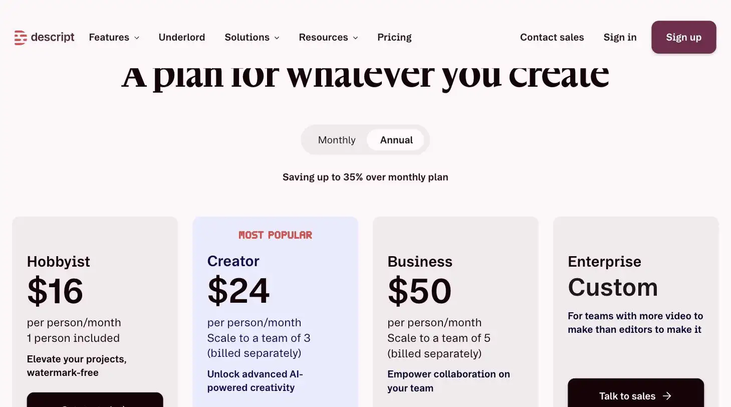 Descript pricing page screenshot