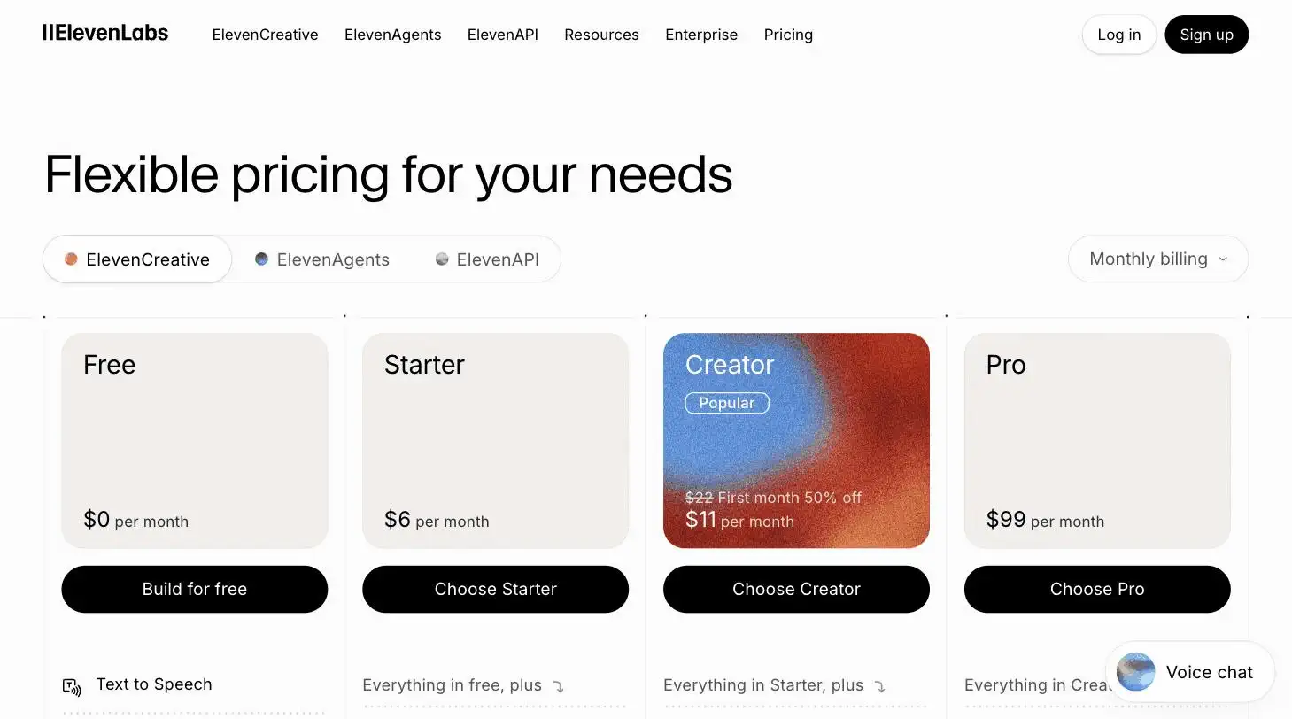 ElevenLabs pricing page screenshot