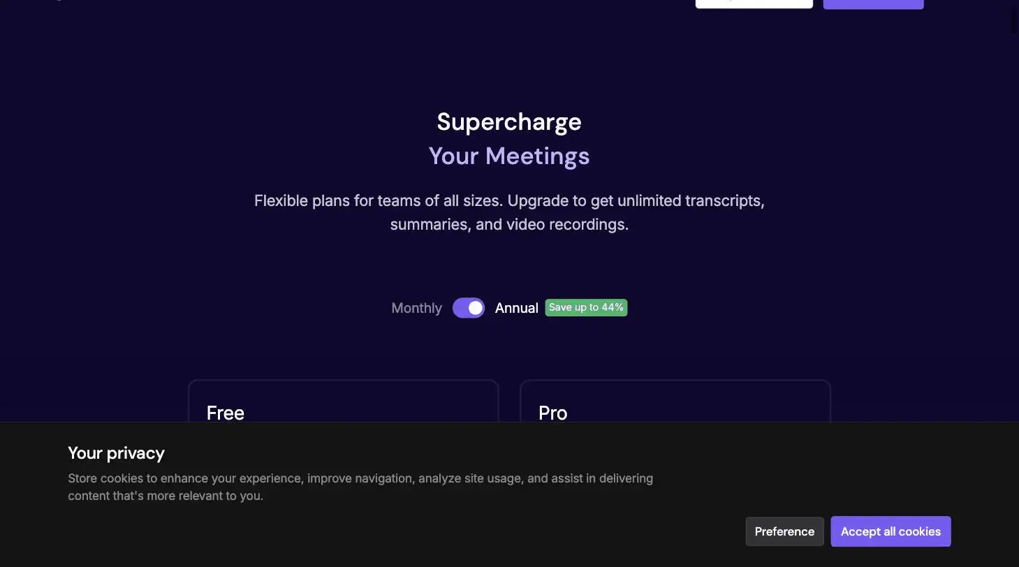 Fireflies.ai pricing page screenshot