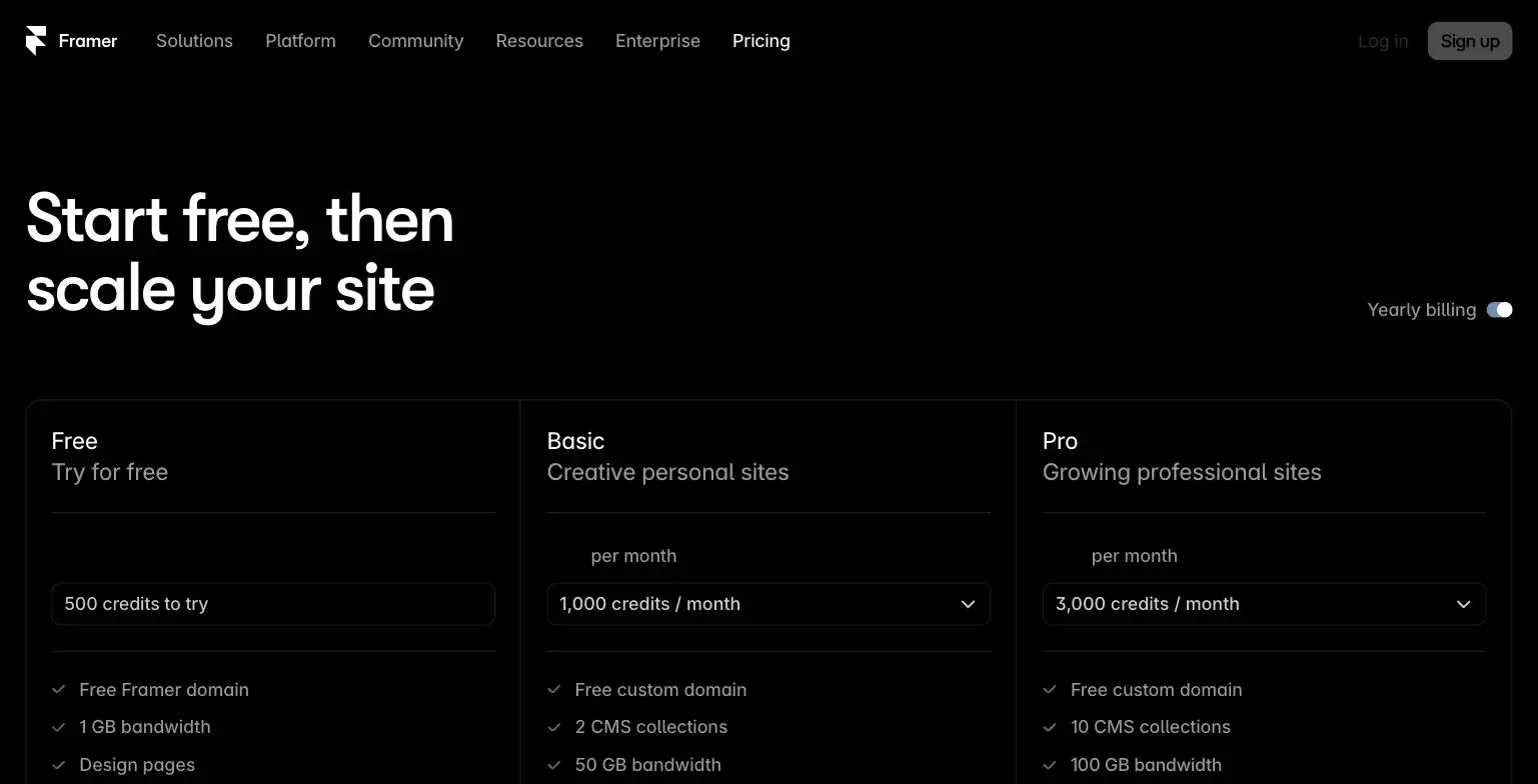 Framer pricing page screenshot