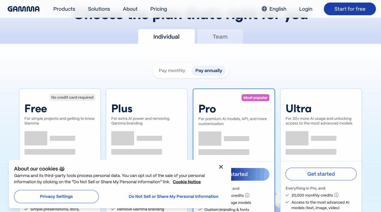 Gamma pricing page screenshot