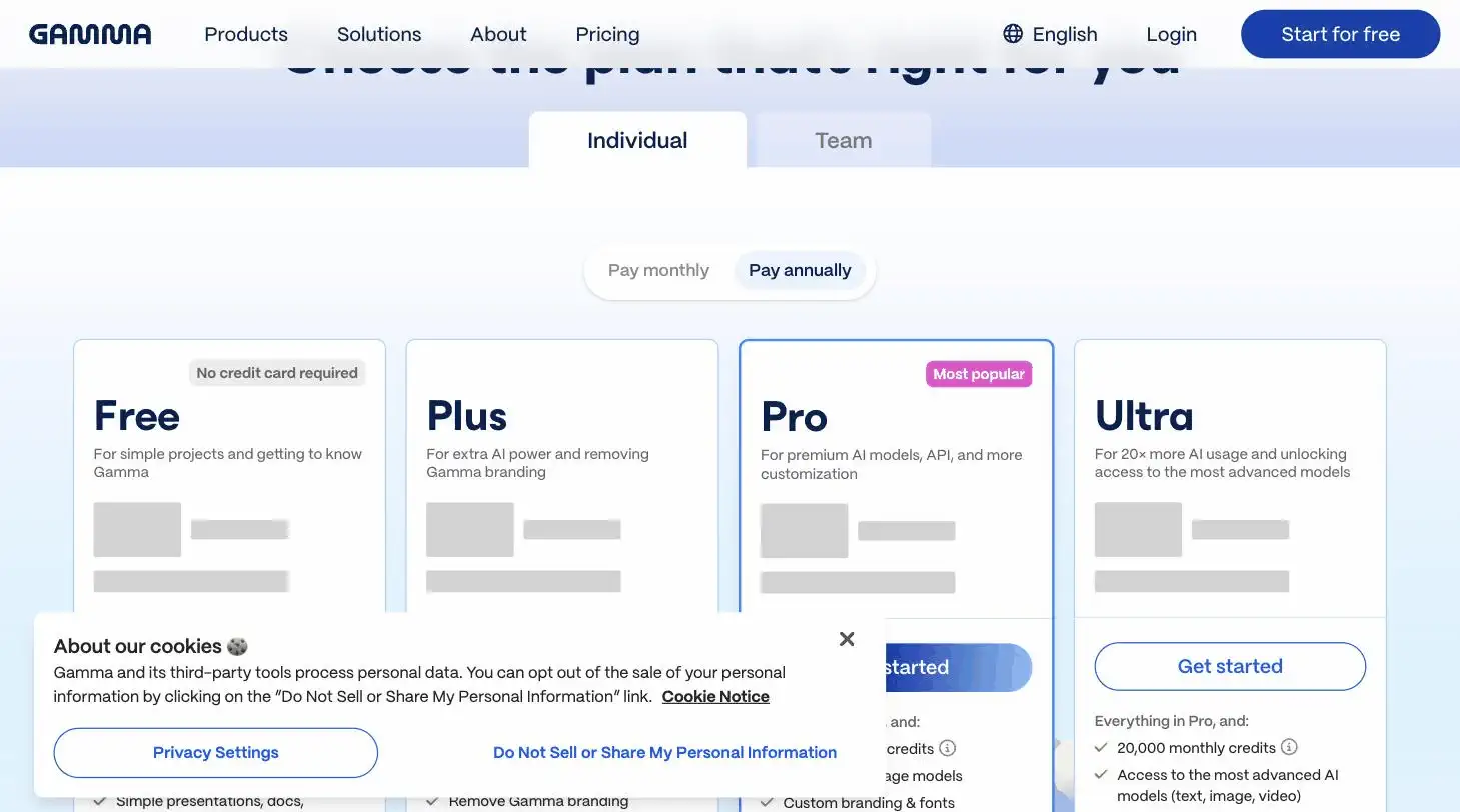 Gamma pricing page screenshot