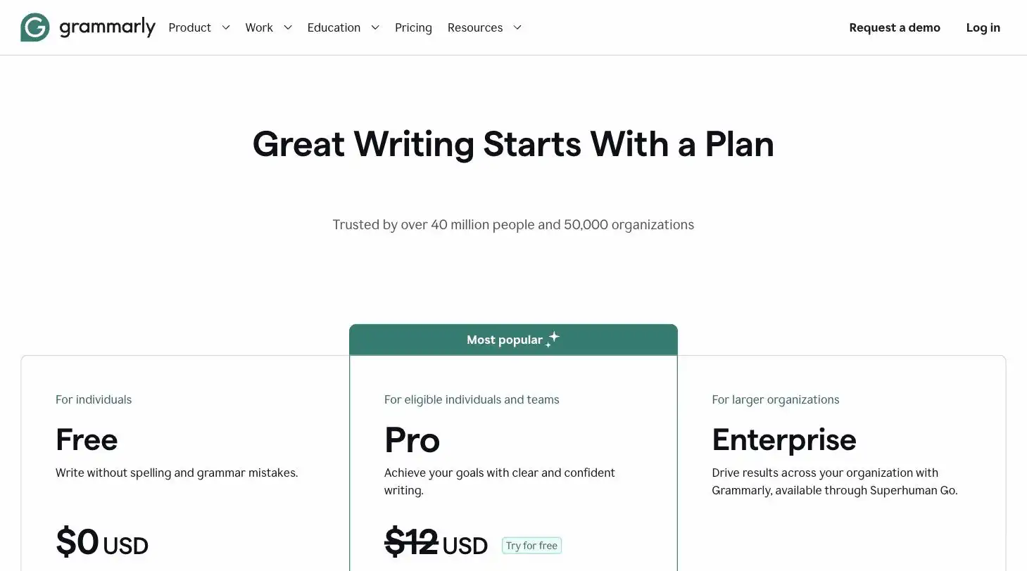 Grammarly pricing page screenshot