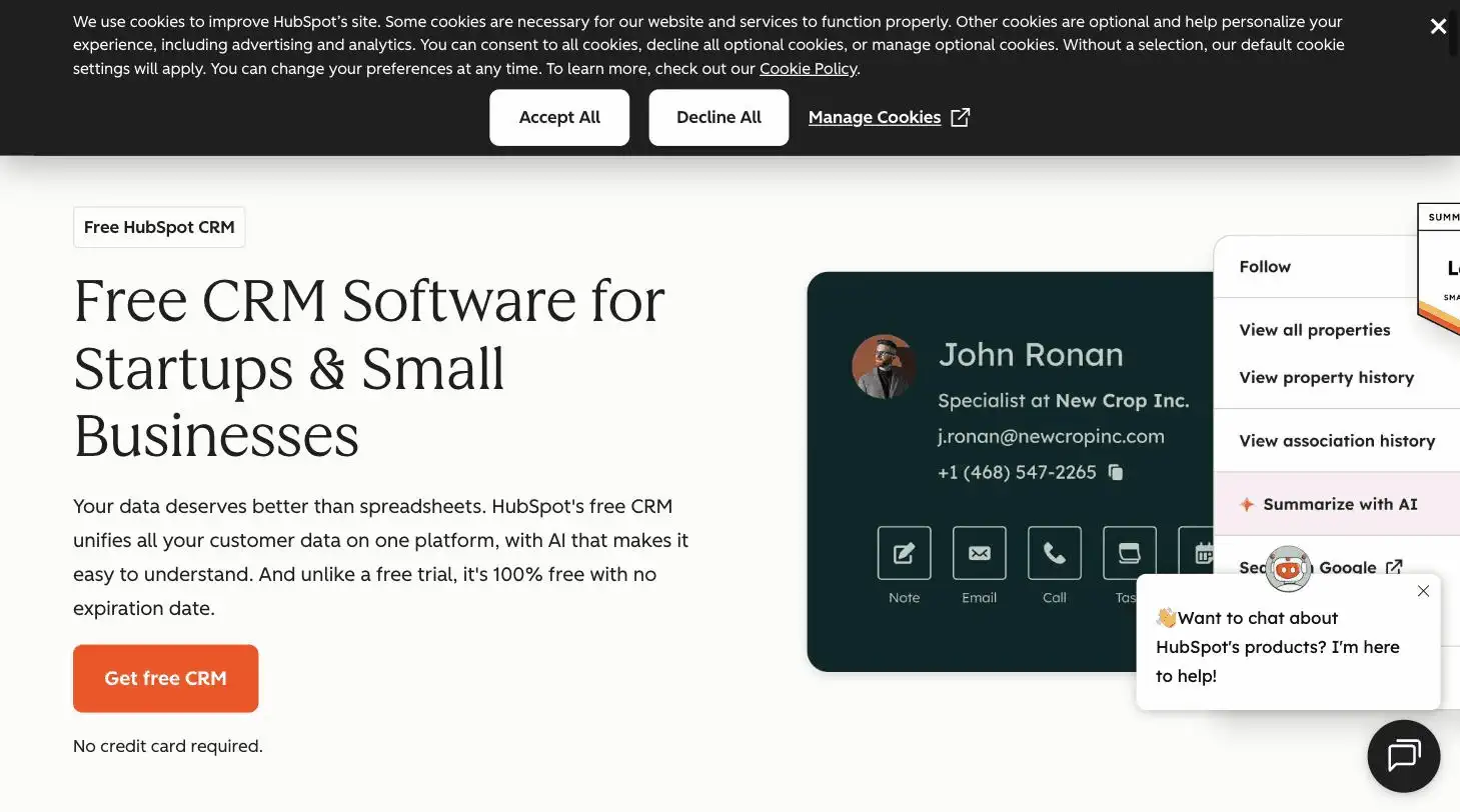HubSpot free CRM page screenshot