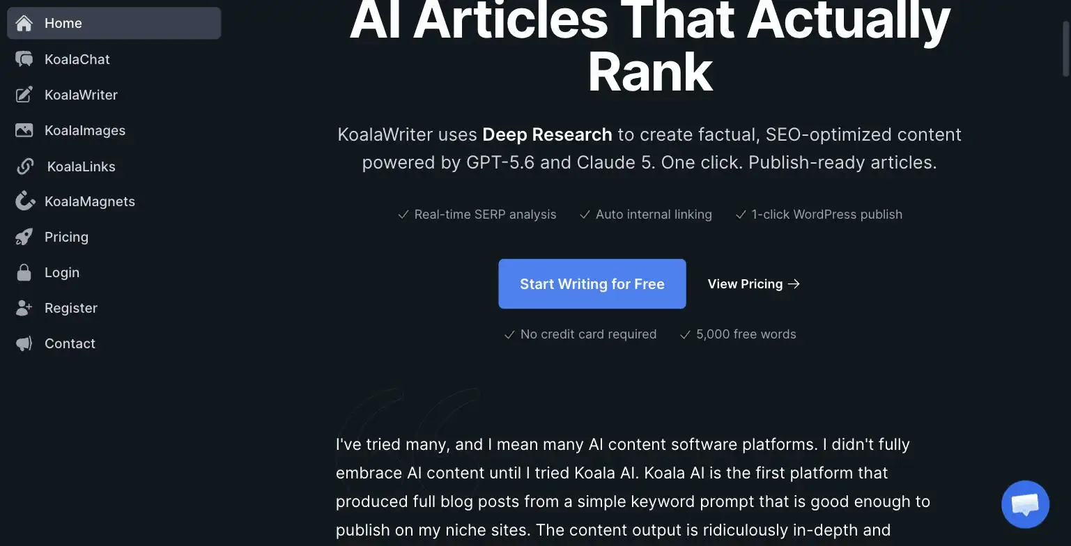 KoalaWriter's SEO-focused article generation pitch, from koala.sh