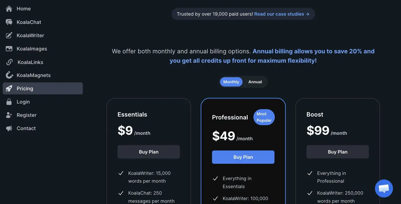 Koala AI pricing page screenshot