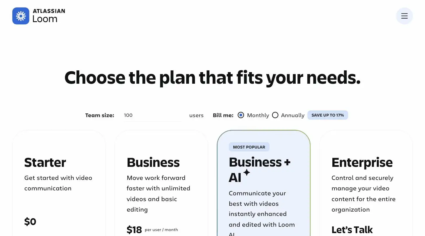 Loom pricing page screenshot