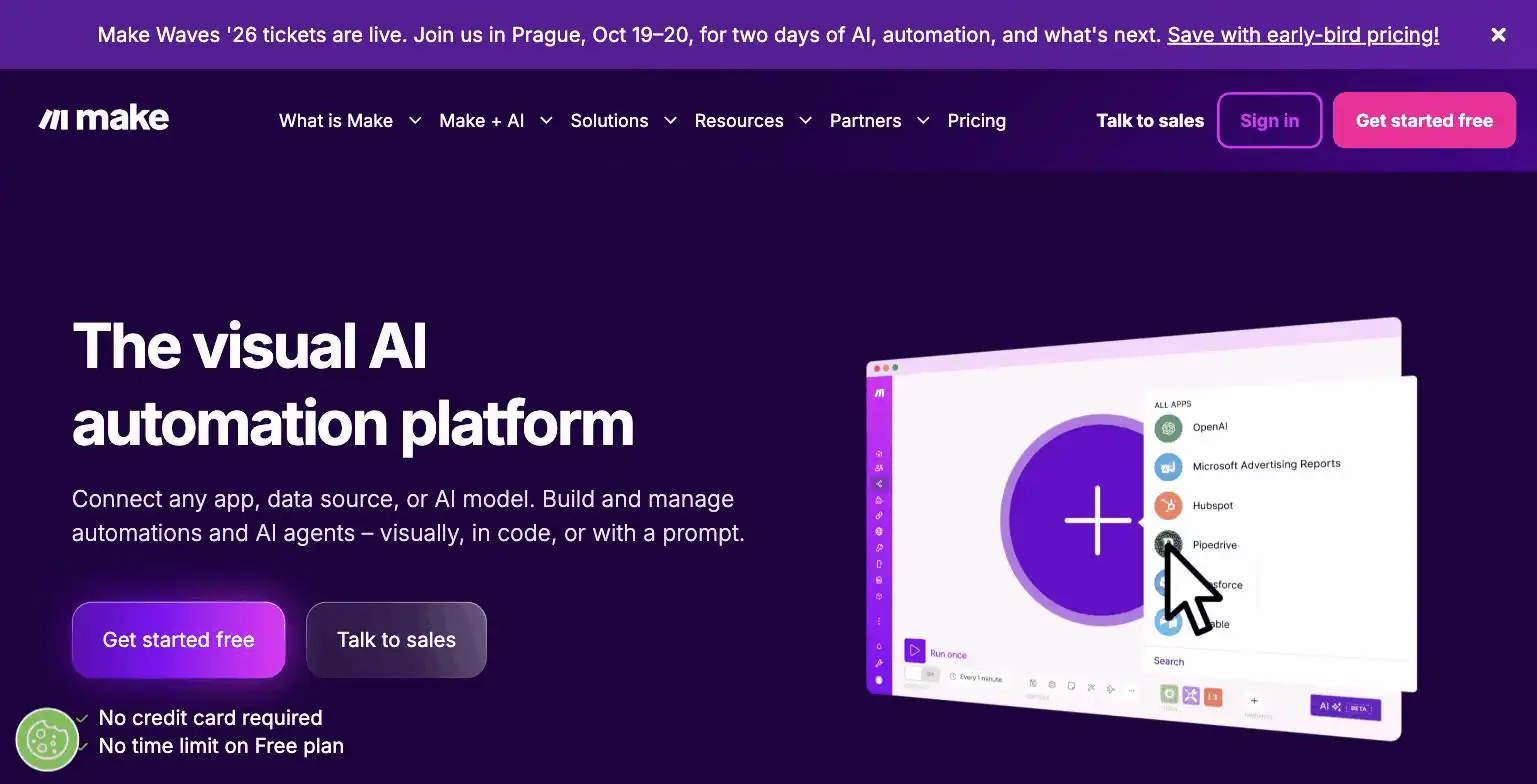 Make's visual automation canvas builder, from make.com