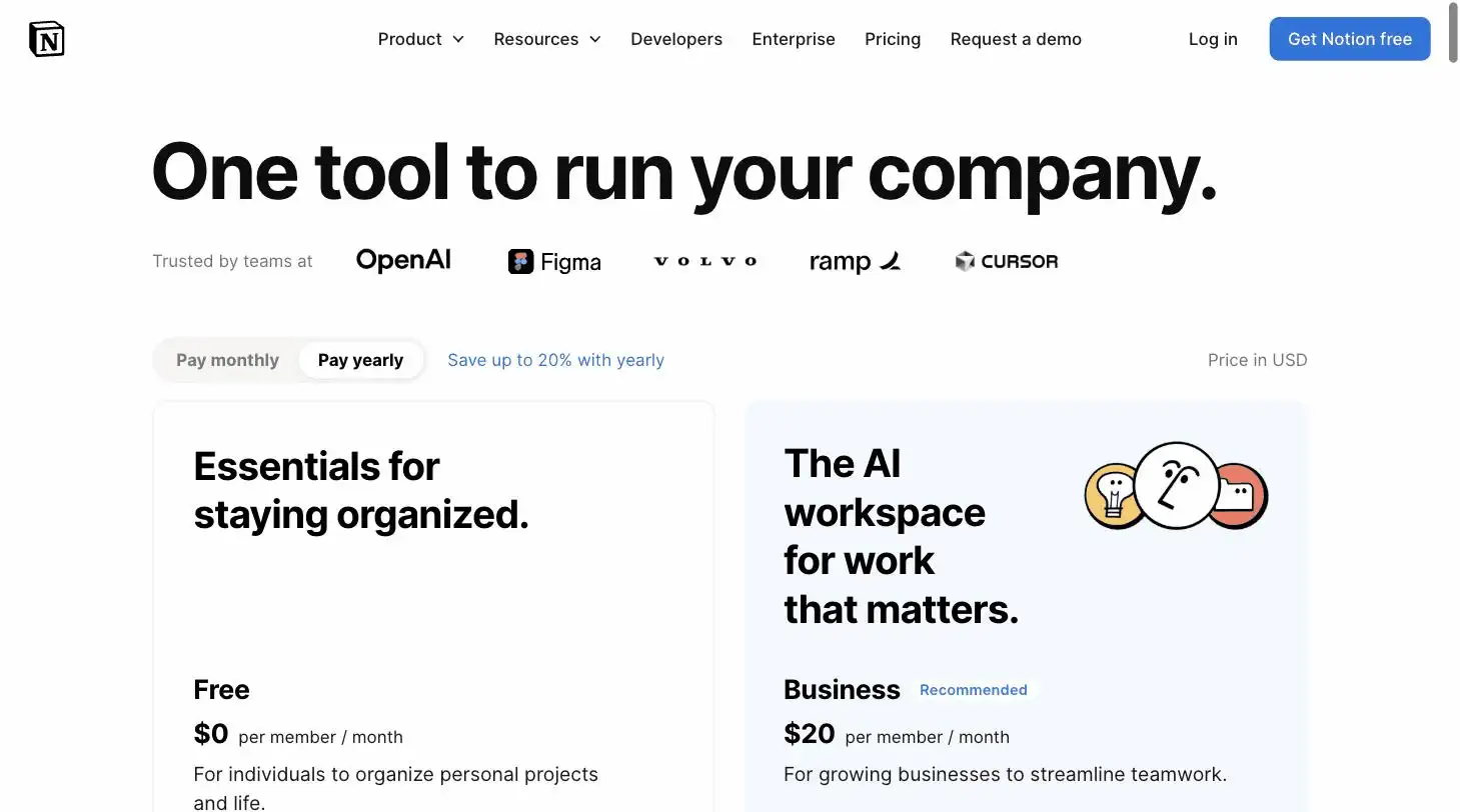 Notion pricing page screenshot