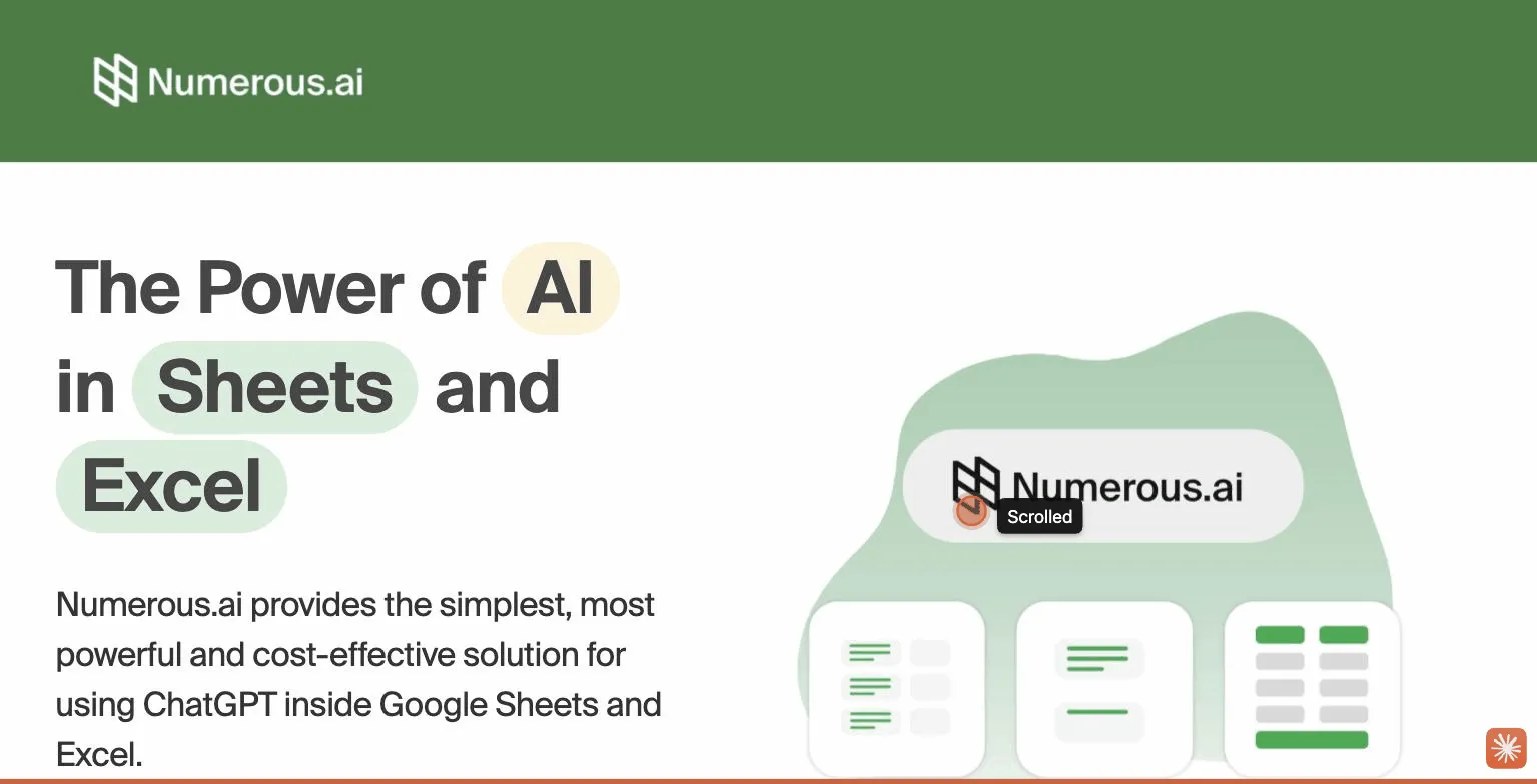 Numerous.ai homepage and interface screenshot
