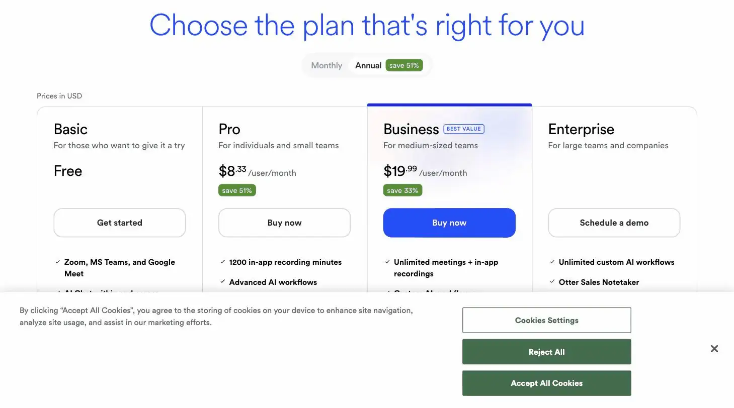 Otter.ai pricing page screenshot