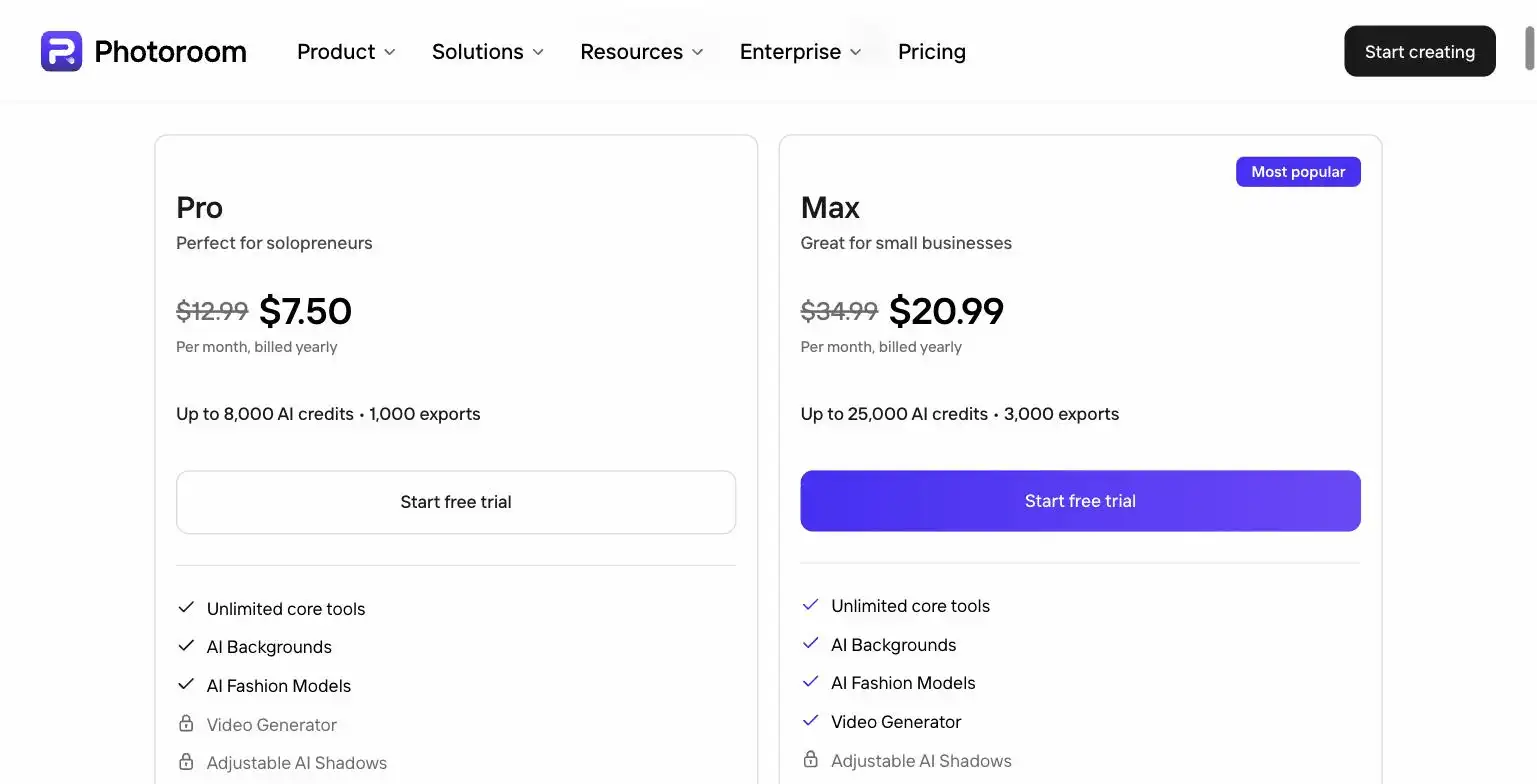 Photoroom pricing page screenshot