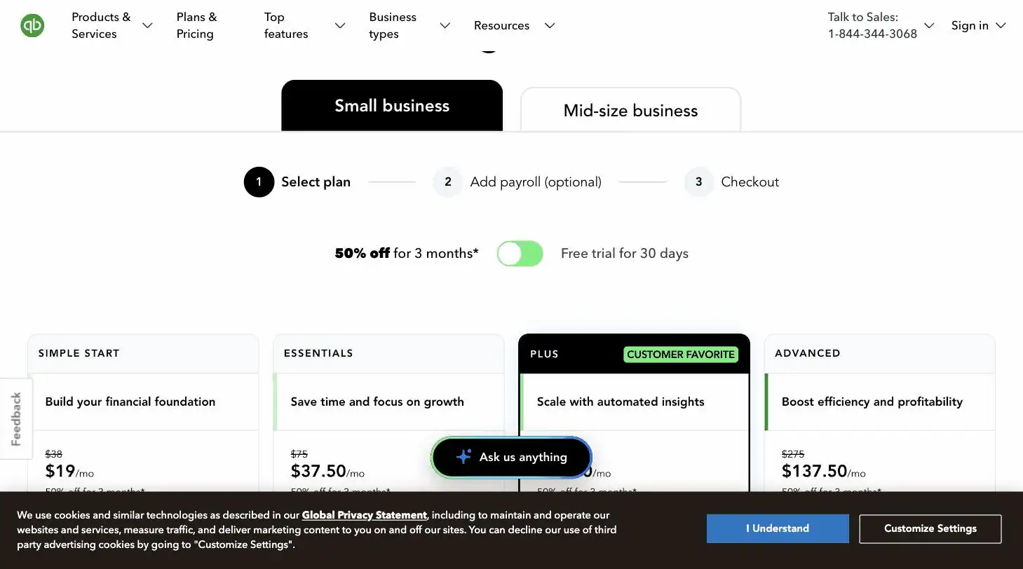 QuickBooks pricing page screenshot