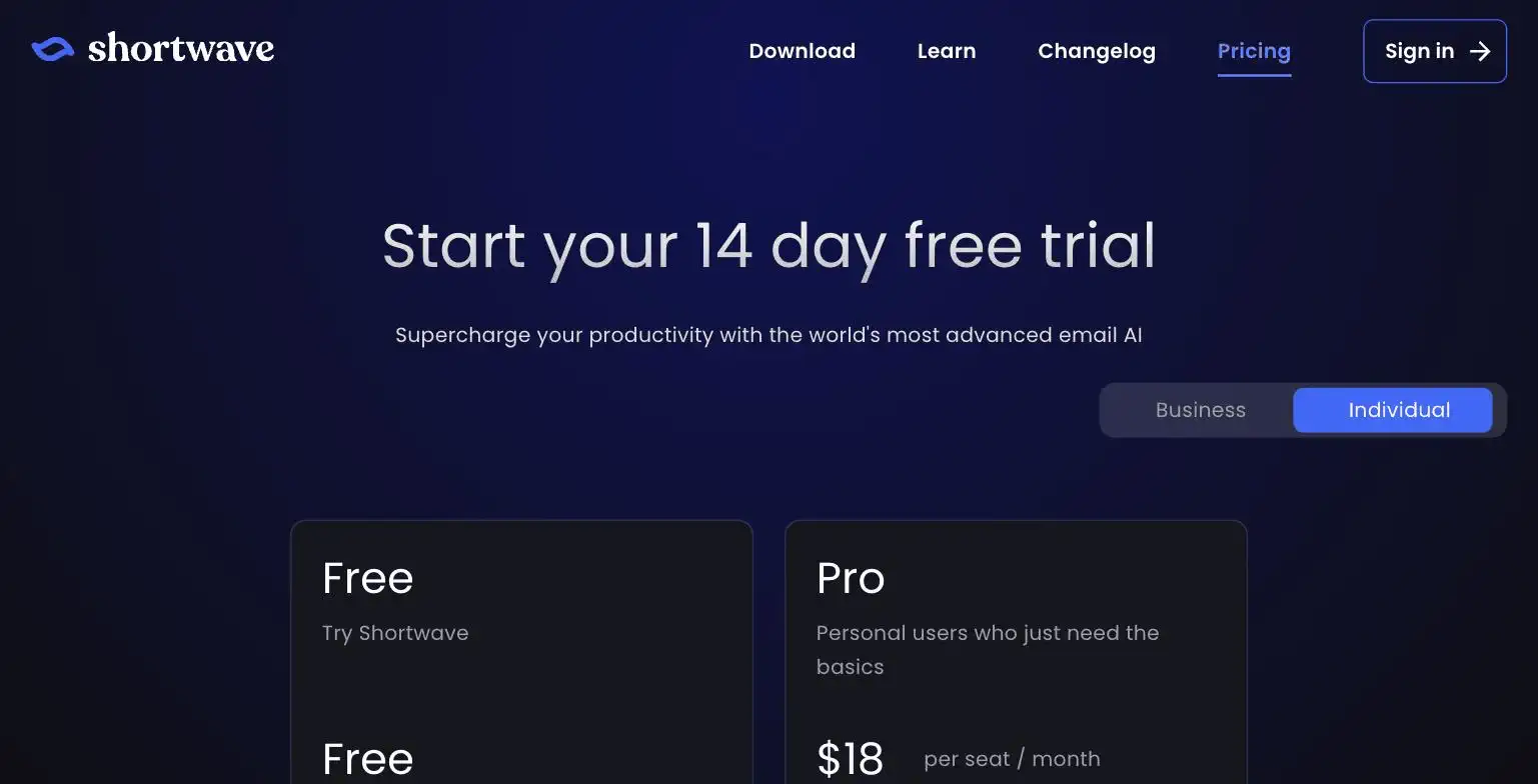 Shortwave pricing page screenshot