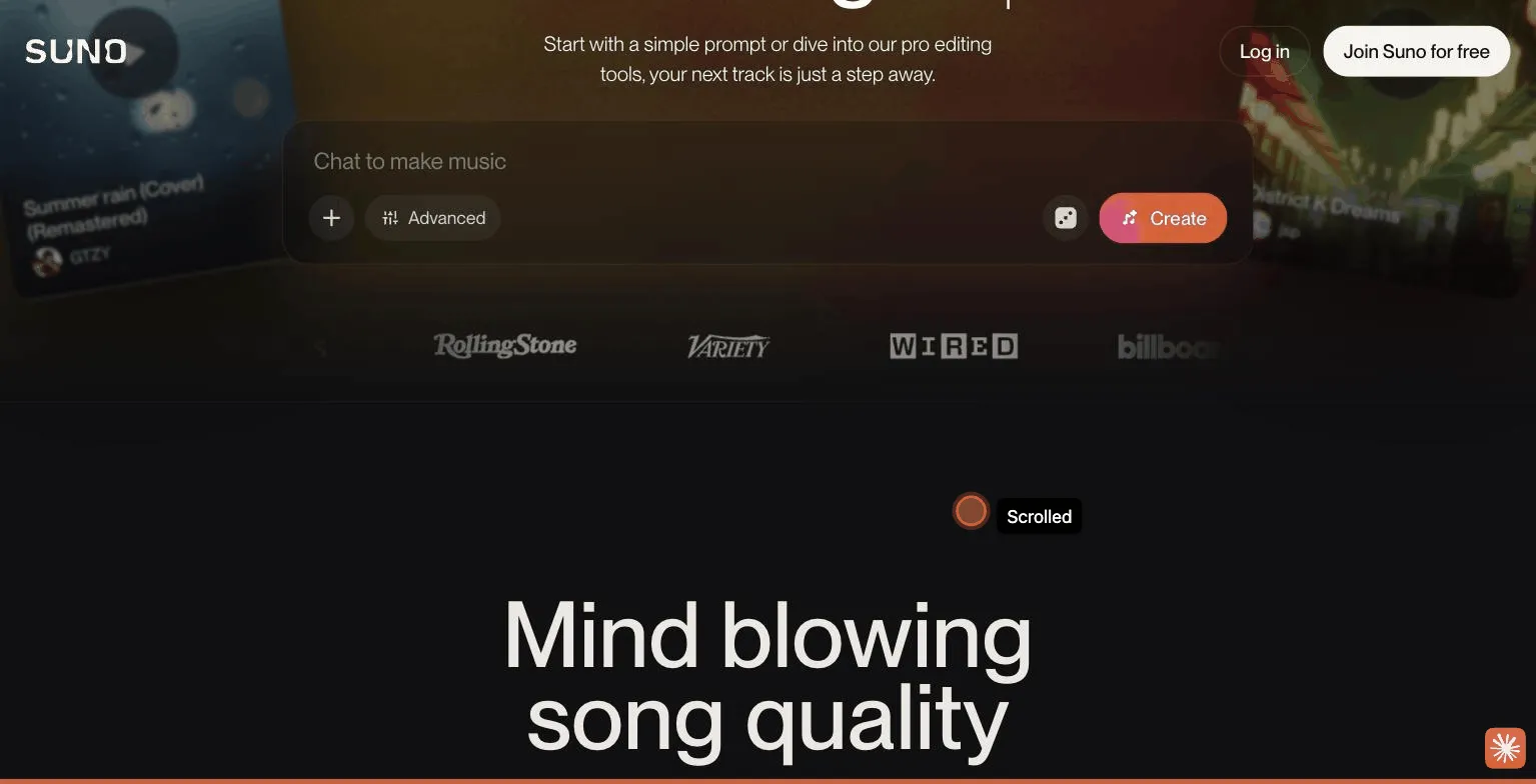 Suno's song creation interface, from suno.com