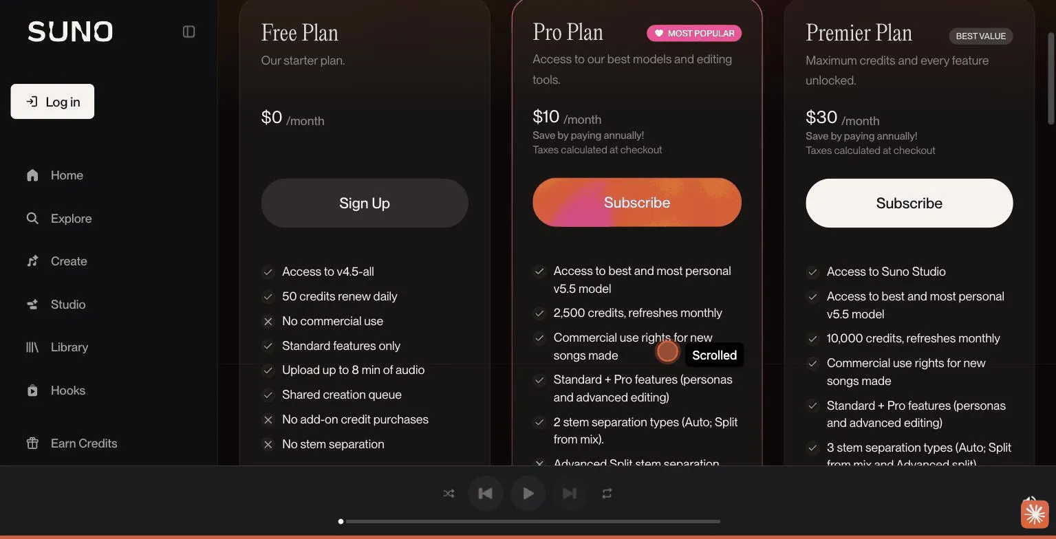 Suno pricing page screenshot