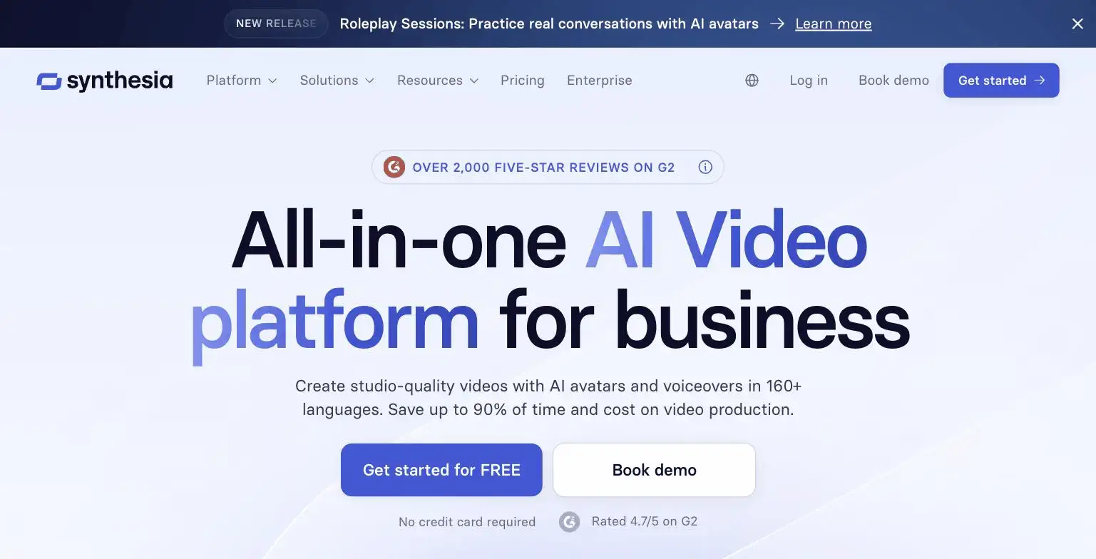 Synthesia's AI avatar video generation interface with script-to-video workflow, from synthesia.io