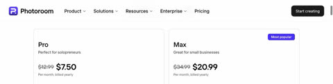 Photoroom pricing page preview