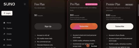 Suno pricing page preview