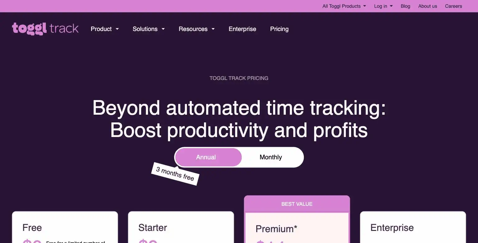Toggl Track pricing page screenshot