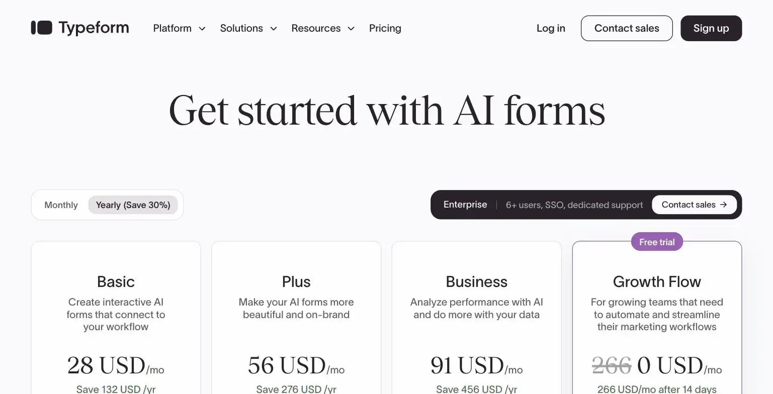 Typeform pricing page screenshot