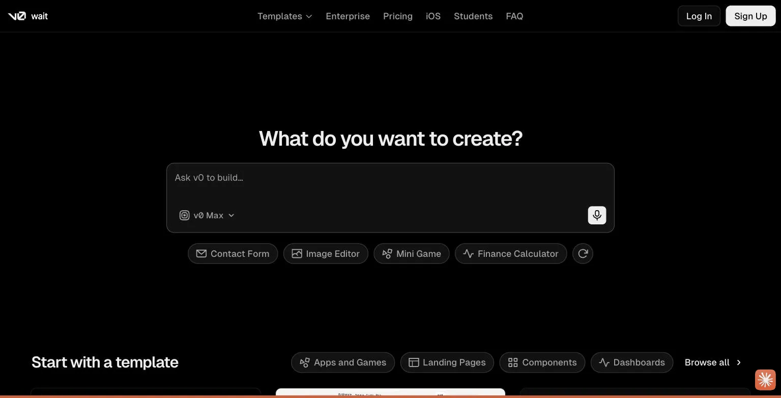 v0's build interface with quick-start prompt templates, from v0.app