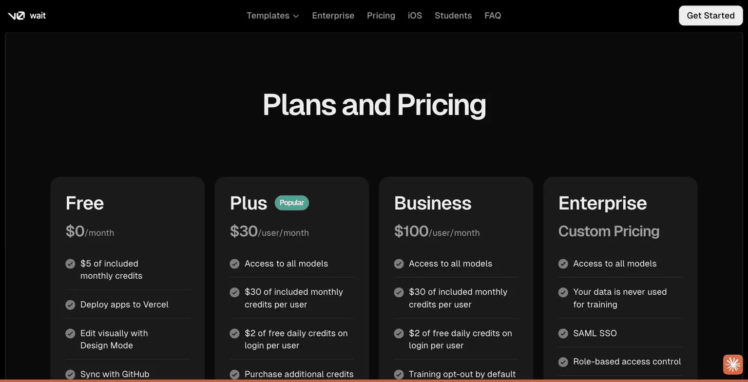 v0 by Vercel pricing page screenshot