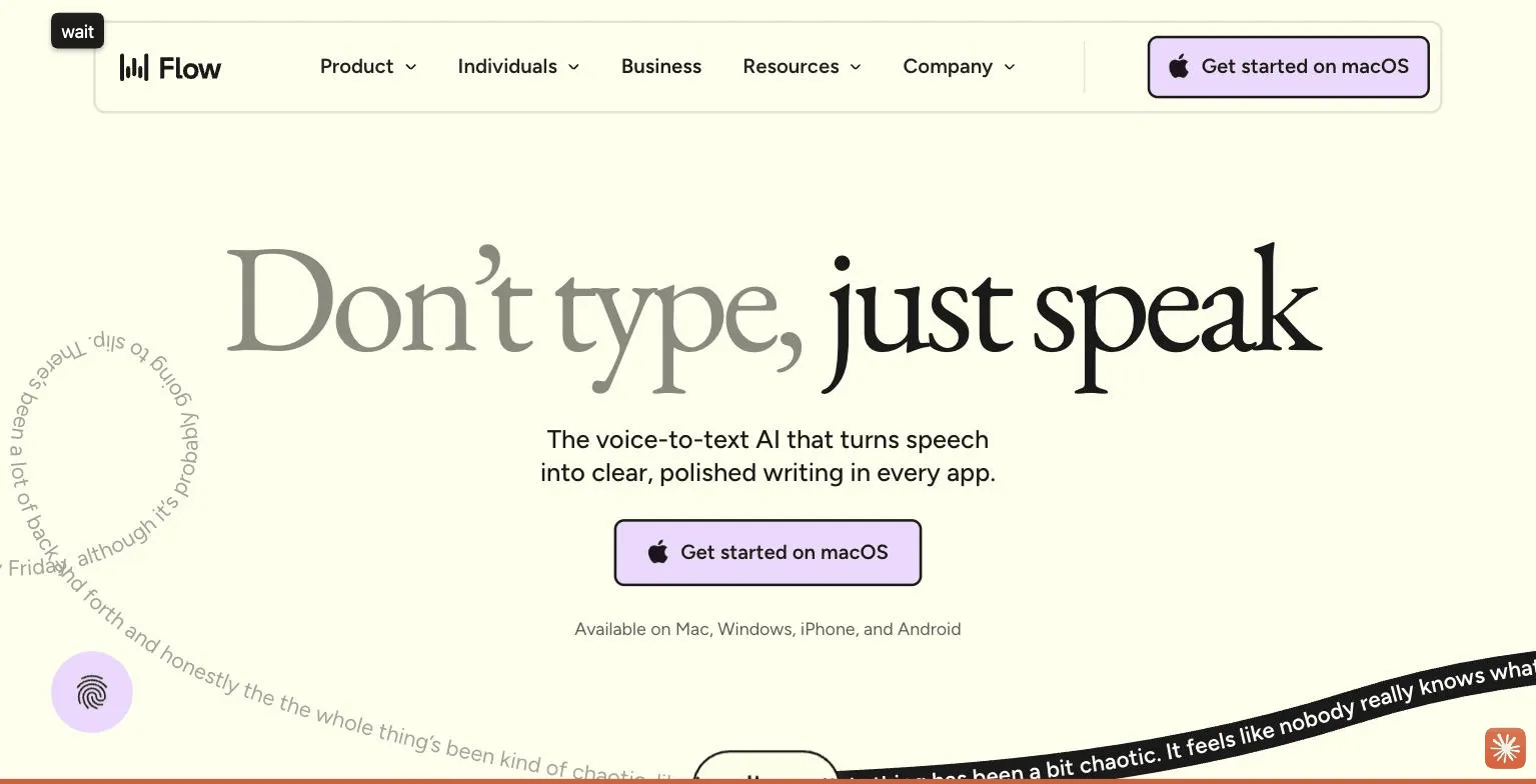 Wispr Flow's homepage showing dictated text turning into clean writing, from wisprflow.ai