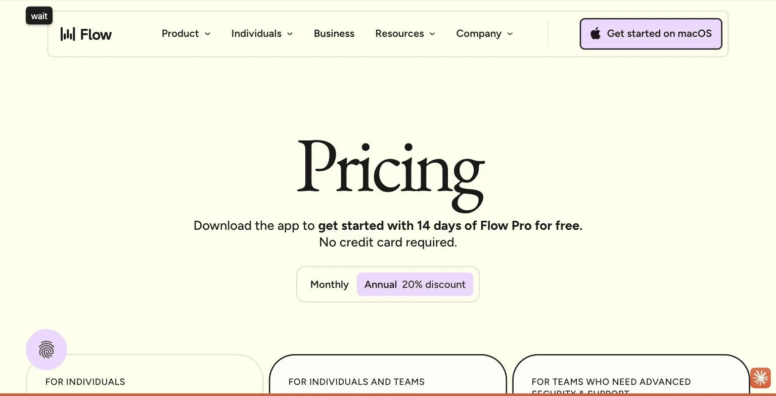 Wispr Flow pricing page screenshot